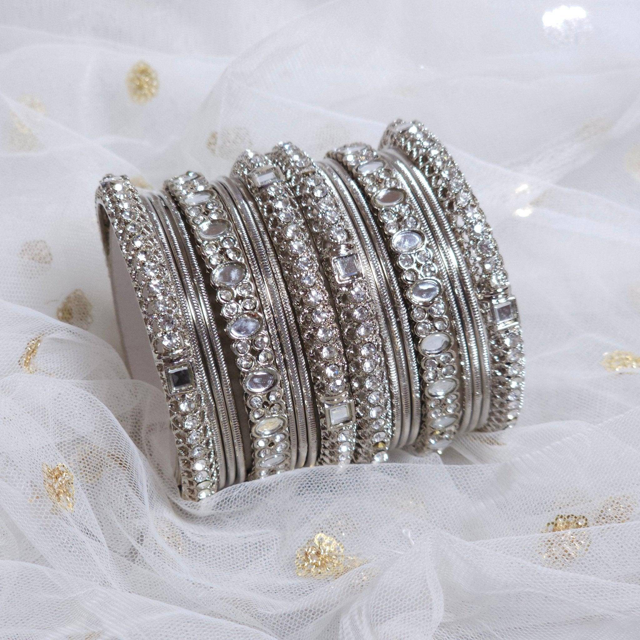 18 Pcs Silver mirror bangle set - Fancy Fab Jewels