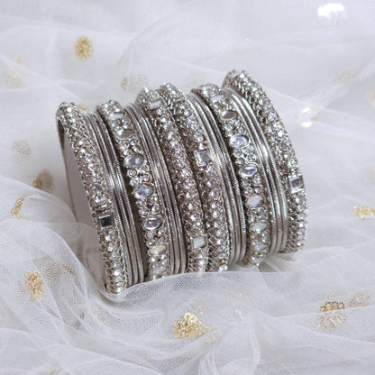 18 Pcs Silver mirror bangle set - Fancy Fab Jewels