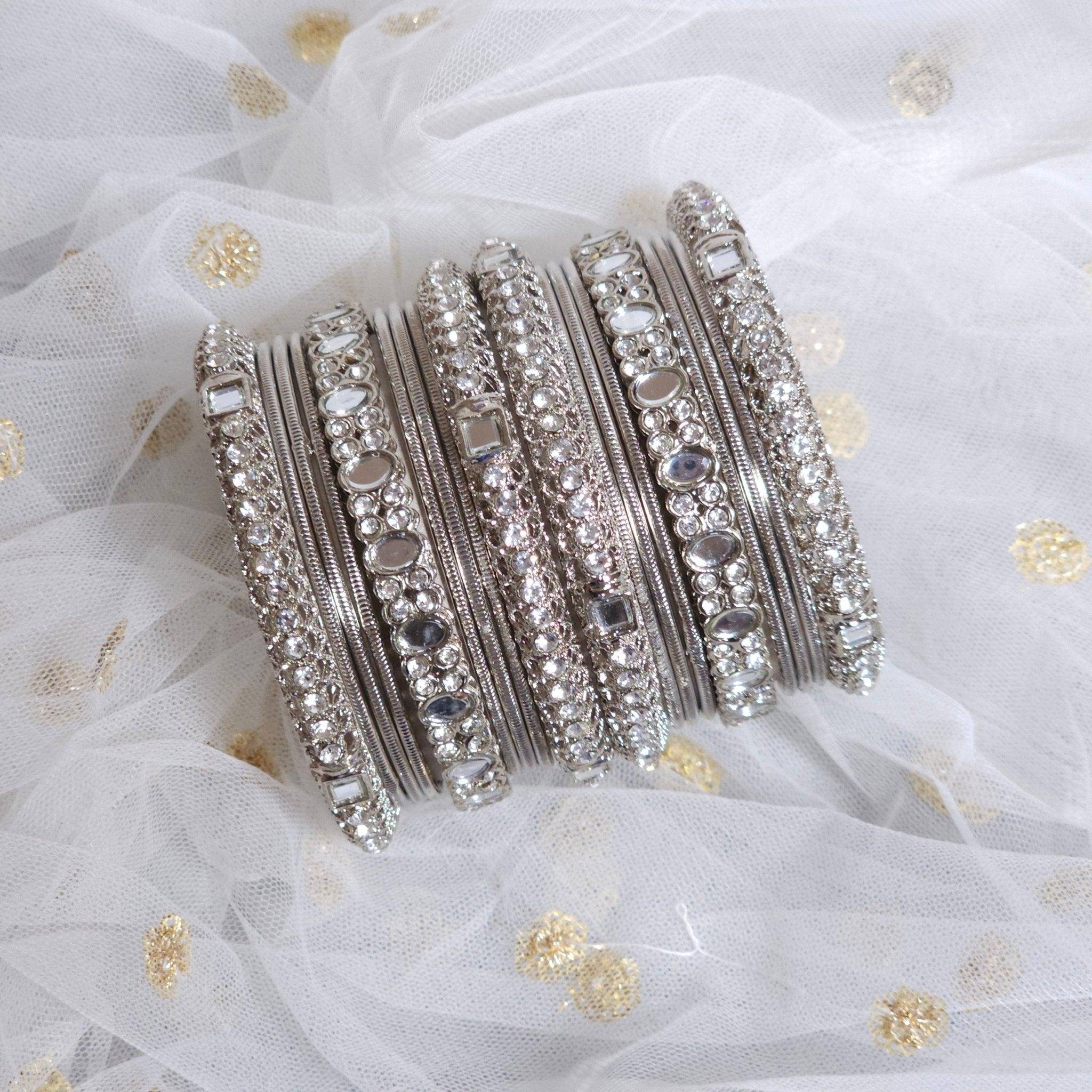 18 Pcs Silver mirror bangle set - Fancy Fab Jewels