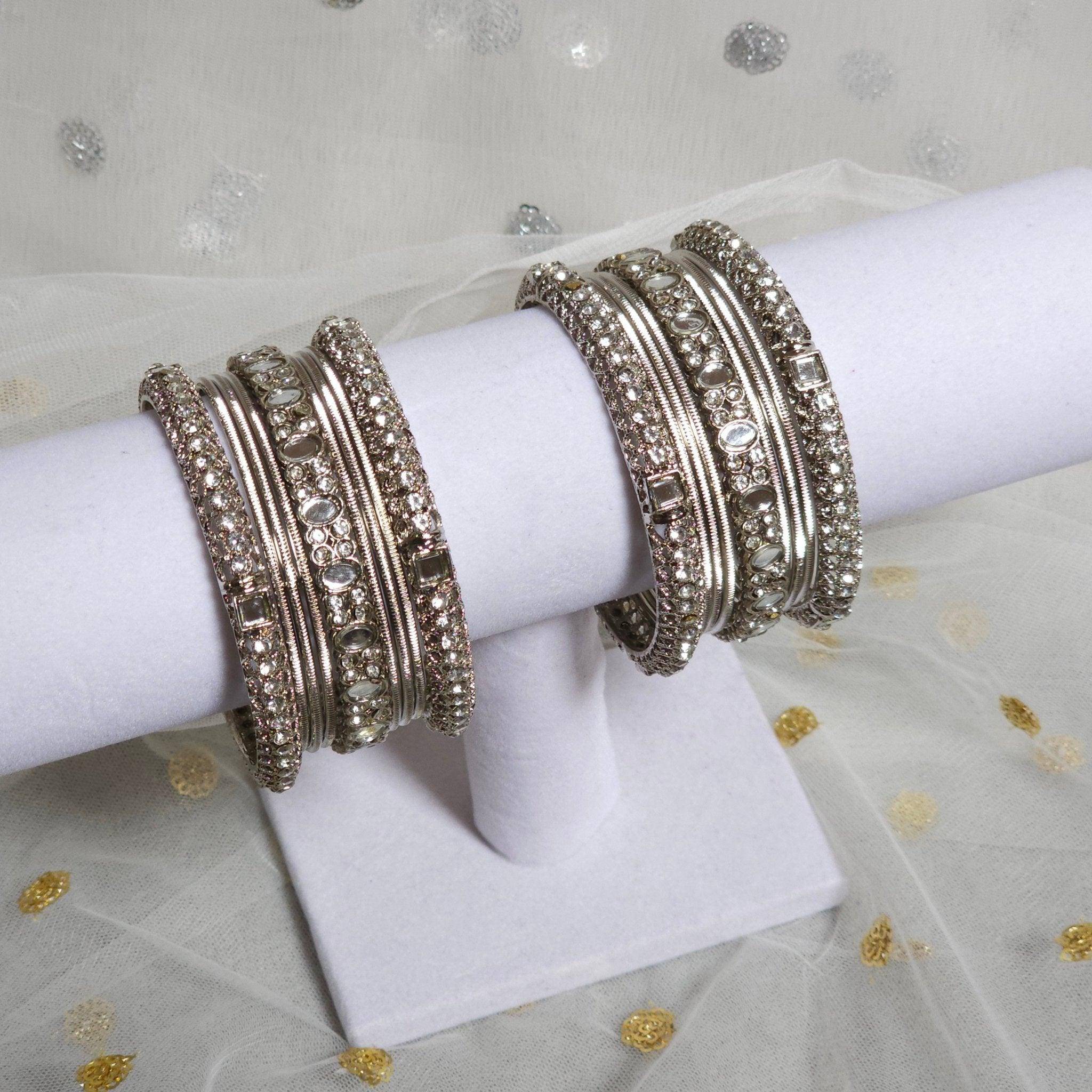 18 Pcs Silver mirror bangle set - Fancy Fab Jewels