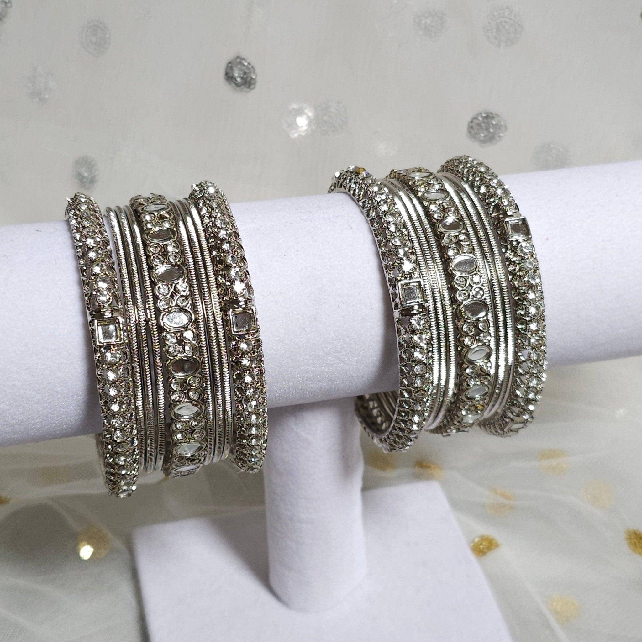 18 Pcs Silver mirror bangle set - Fancy Fab Jewels