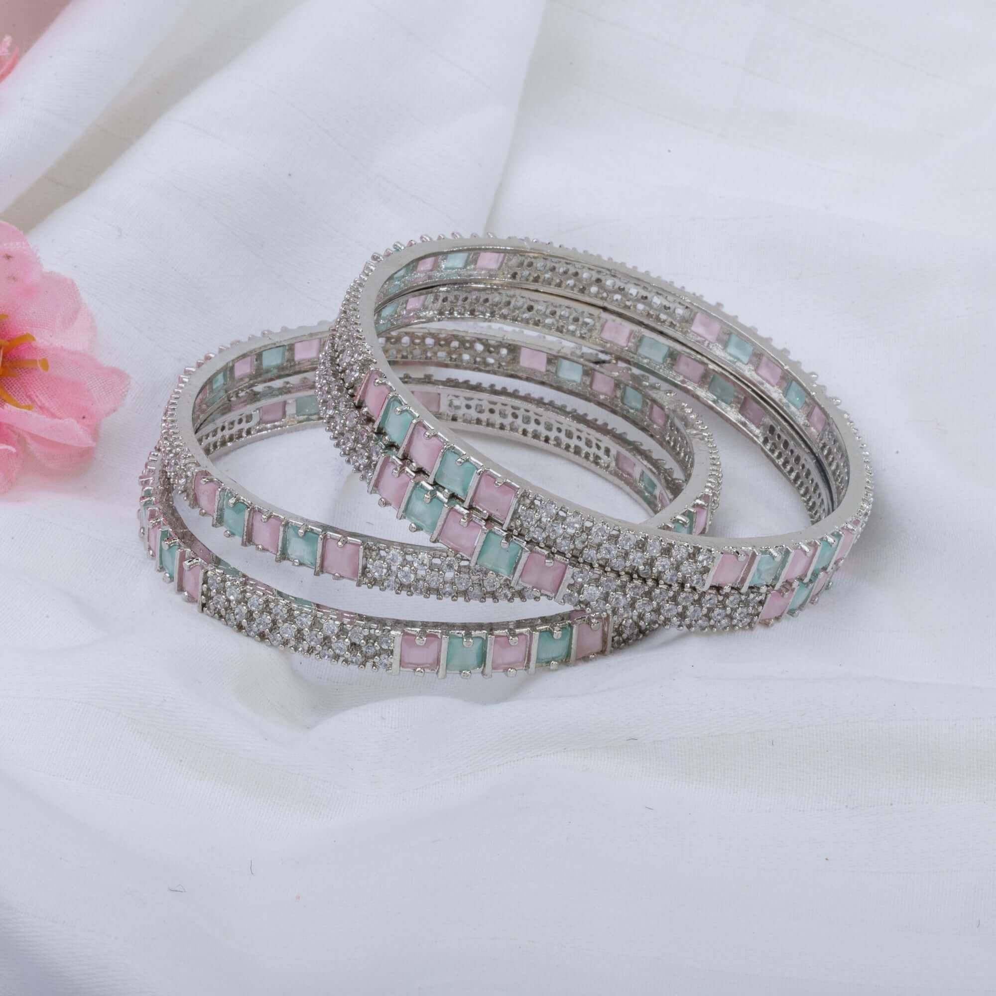 4 Pcs Bangles set silver mint pink - Fancy Fab Jewels