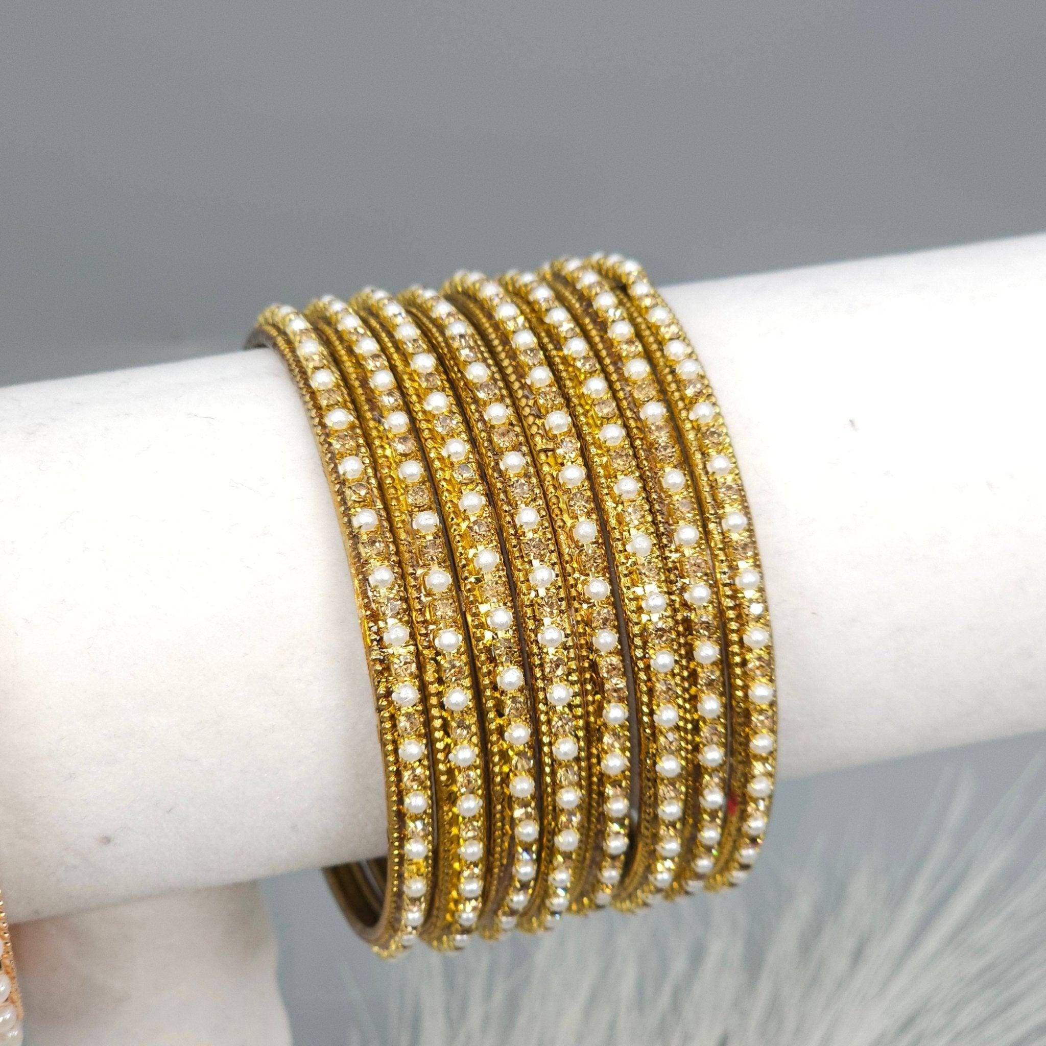 8 Pcs Antique Gold Pearl Bangle Set - Fancy Fab Jewels