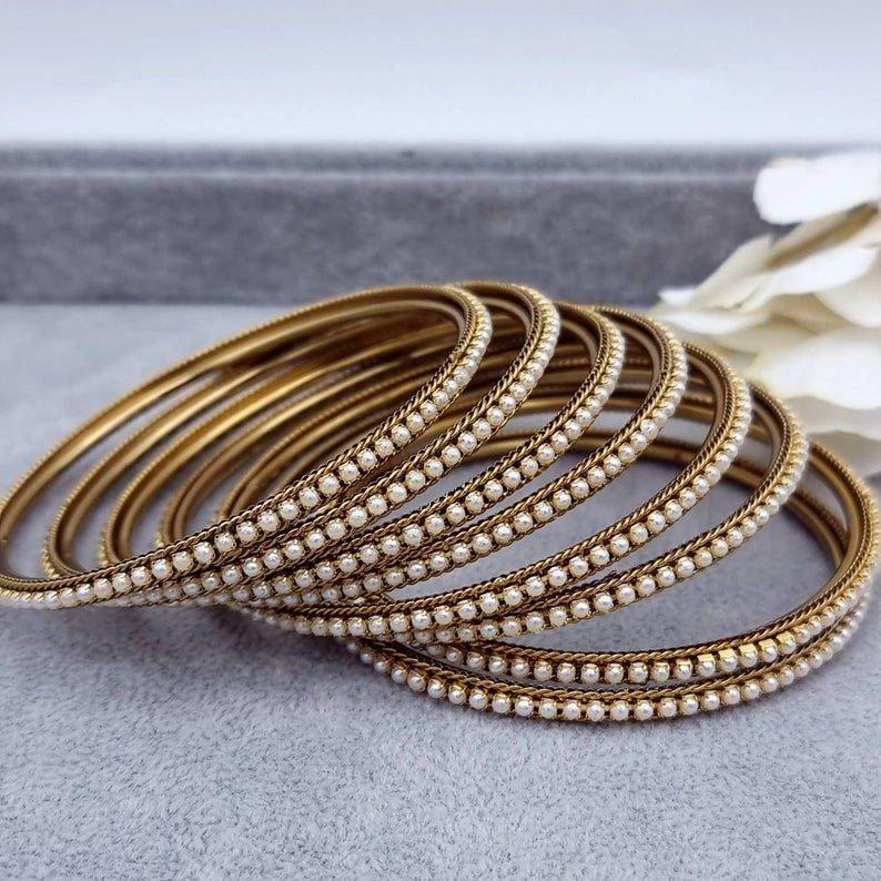 Cemal 8 pcs Antique Gold Pearl Bangle Set - Fancy Fab Jewels