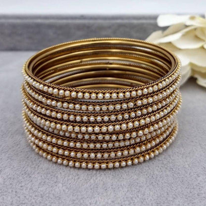 Cemal 8 pcs Antique Gold Pearl Bangle Set - Fancy Fab Jewels