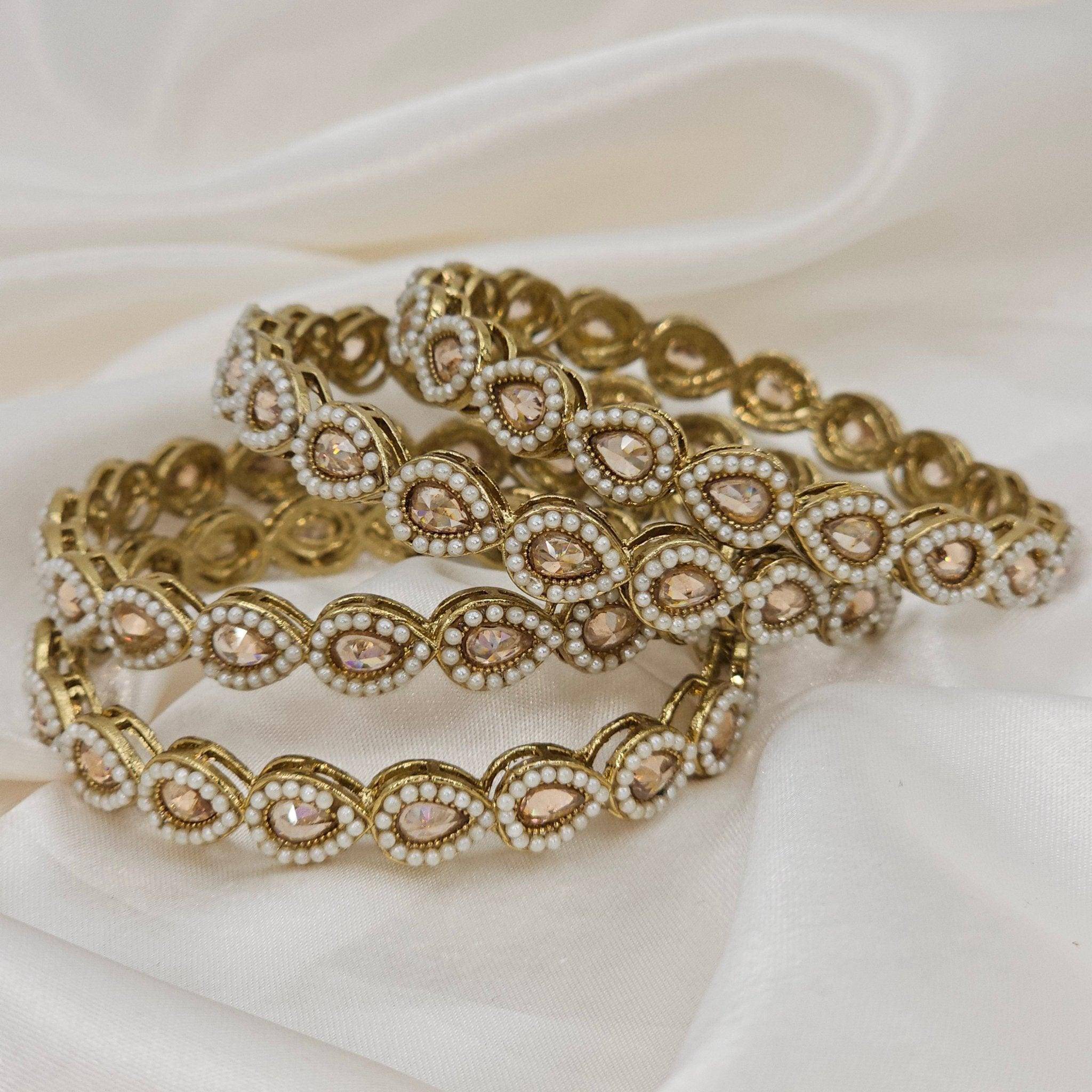 Saloni Set of 4 Polki Pearl Bangles - Golden - Fancy Fab Jewels