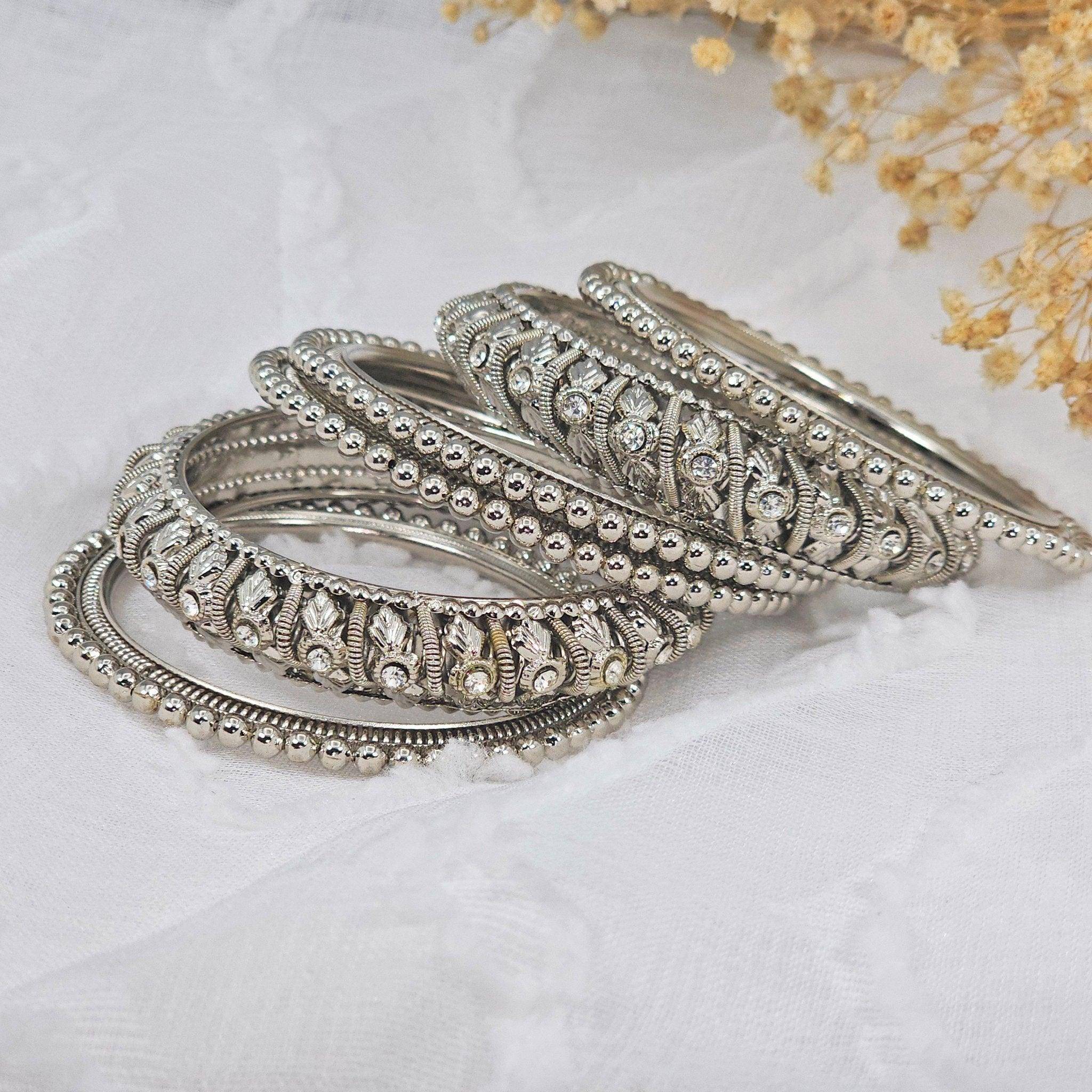 Set of 6 Antique Gold & Silver Polki Indian Bangles - Fancy Fab Jewels