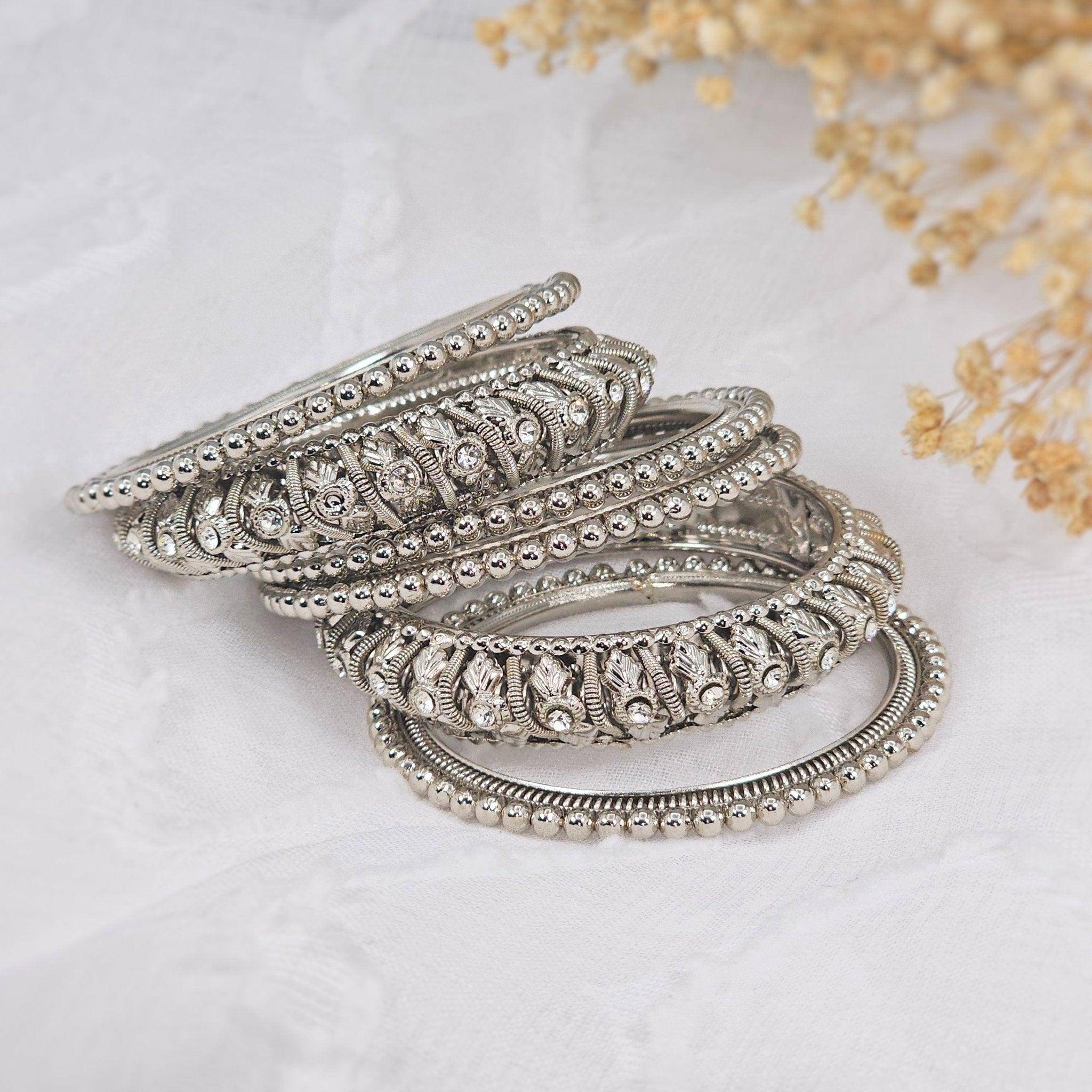 Set of 6 Antique Gold & Silver Polki Indian Bangles - Fancy Fab Jewels