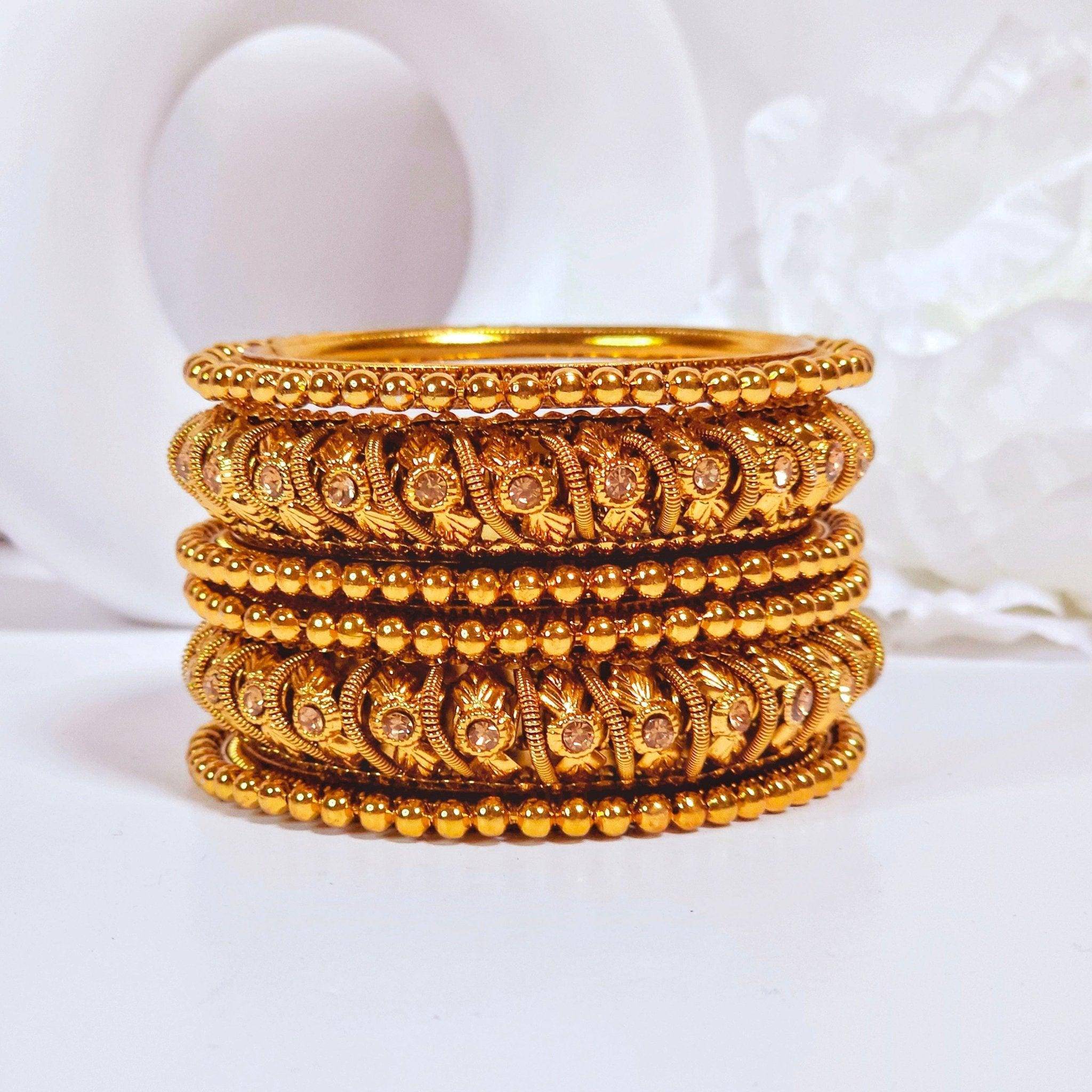 Set of 6 Antique Gold & Silver Polki Indian Bangles - Fancy Fab Jewels