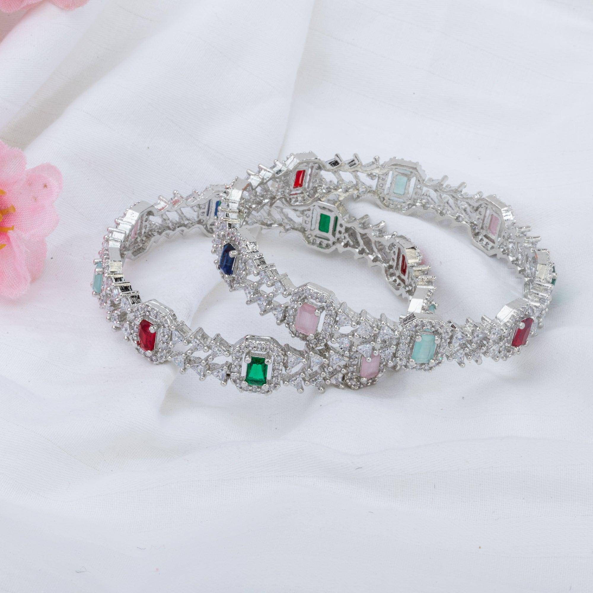 American Diamond Silver Multicolour Bangle Set - Fancy Fab Jewels