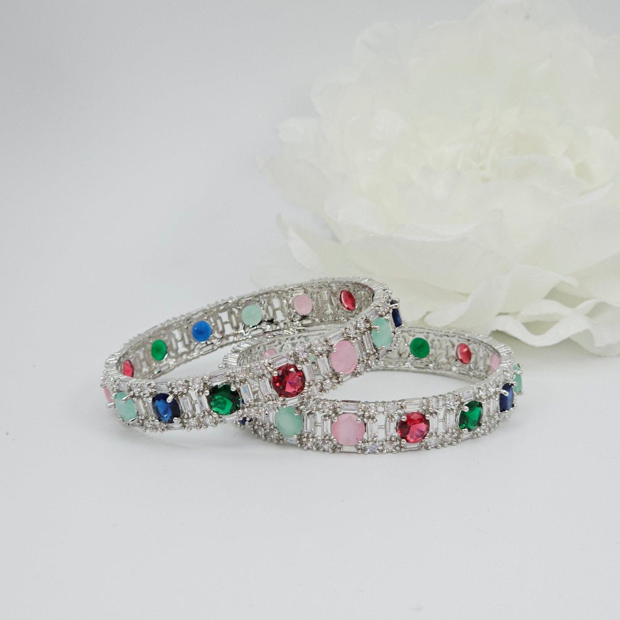 American Diamond Silver Multicolour Bangle Set - Fancy Fab Jewels