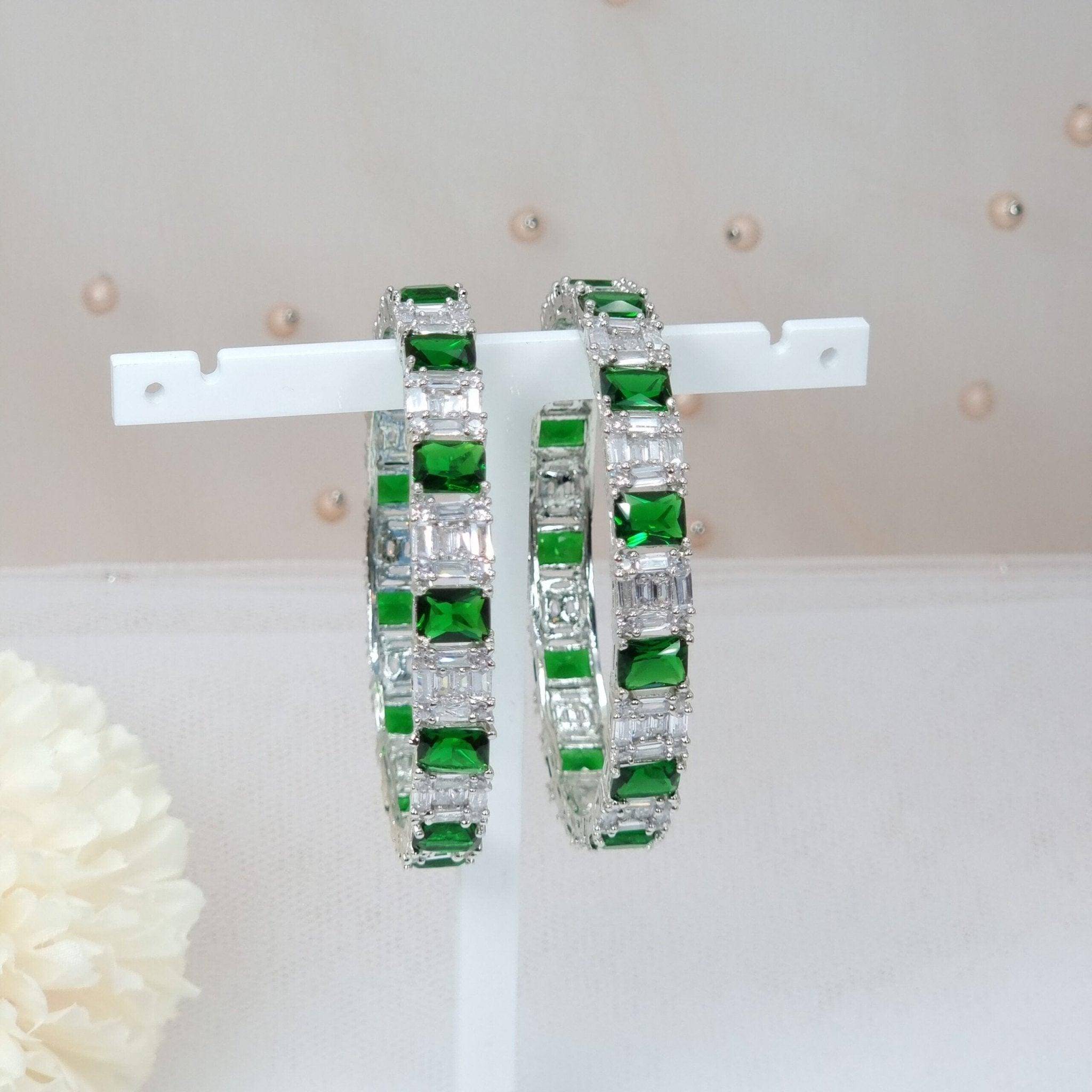 Pair Of Silver Green American Diamond Bangles - Fancy Fab Jewels