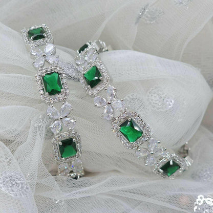 Silver American Diamond Bangles Green Emerald - Fancy Fab Jewels