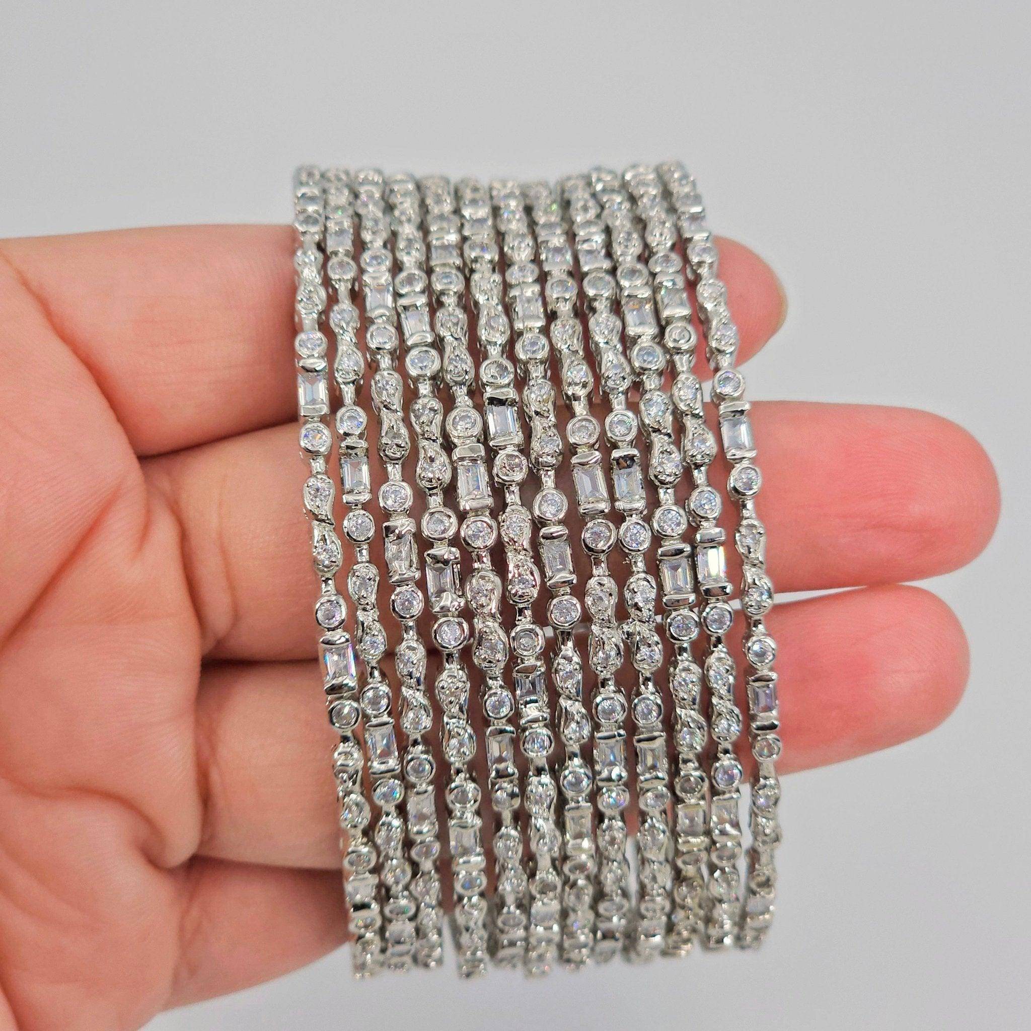 Set of 12  Silver American Diamond Bangle Set - Fancy Fab Jewels