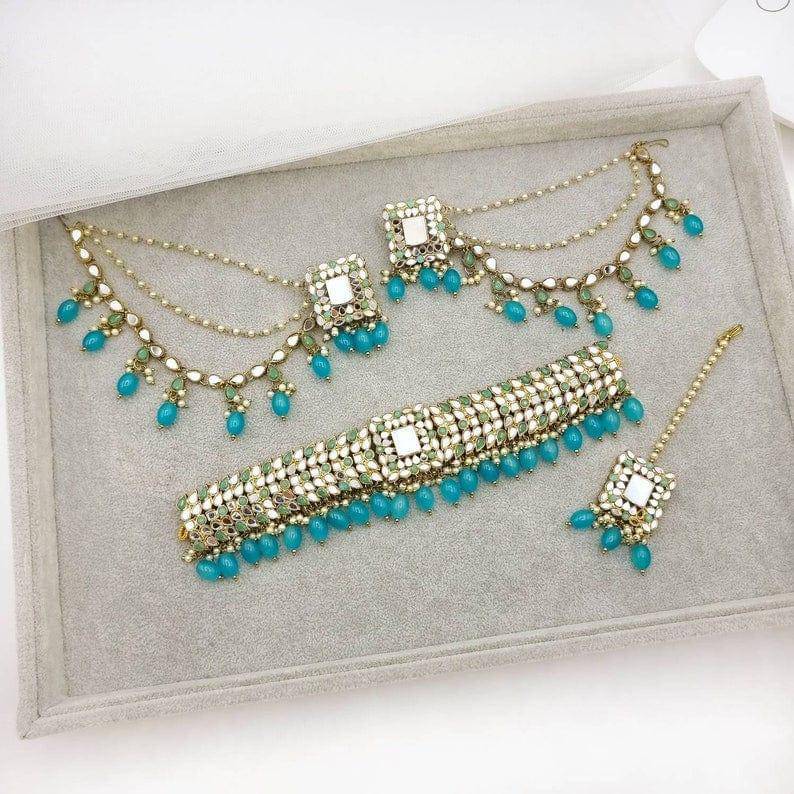 Sara Antique Gold Mirror Choker Necklace Set - Blue - Fancy Fab Jewels