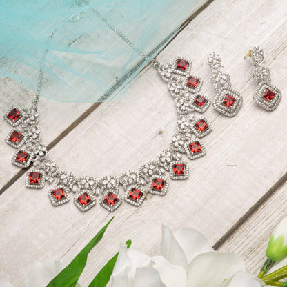 Mina - Silver Ruby American Diamond CZ Necklace set - Fancy Fab Jewels