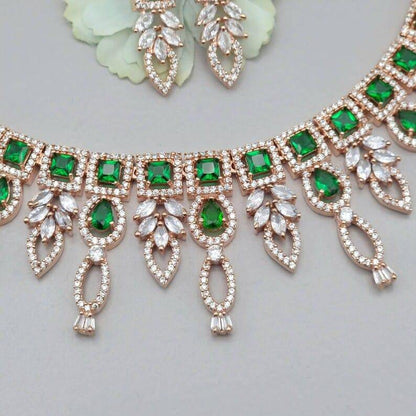 Ruma Rose Gold Emerald Green American Diamond CZ Necklace Set - Fancy Fab Jewels