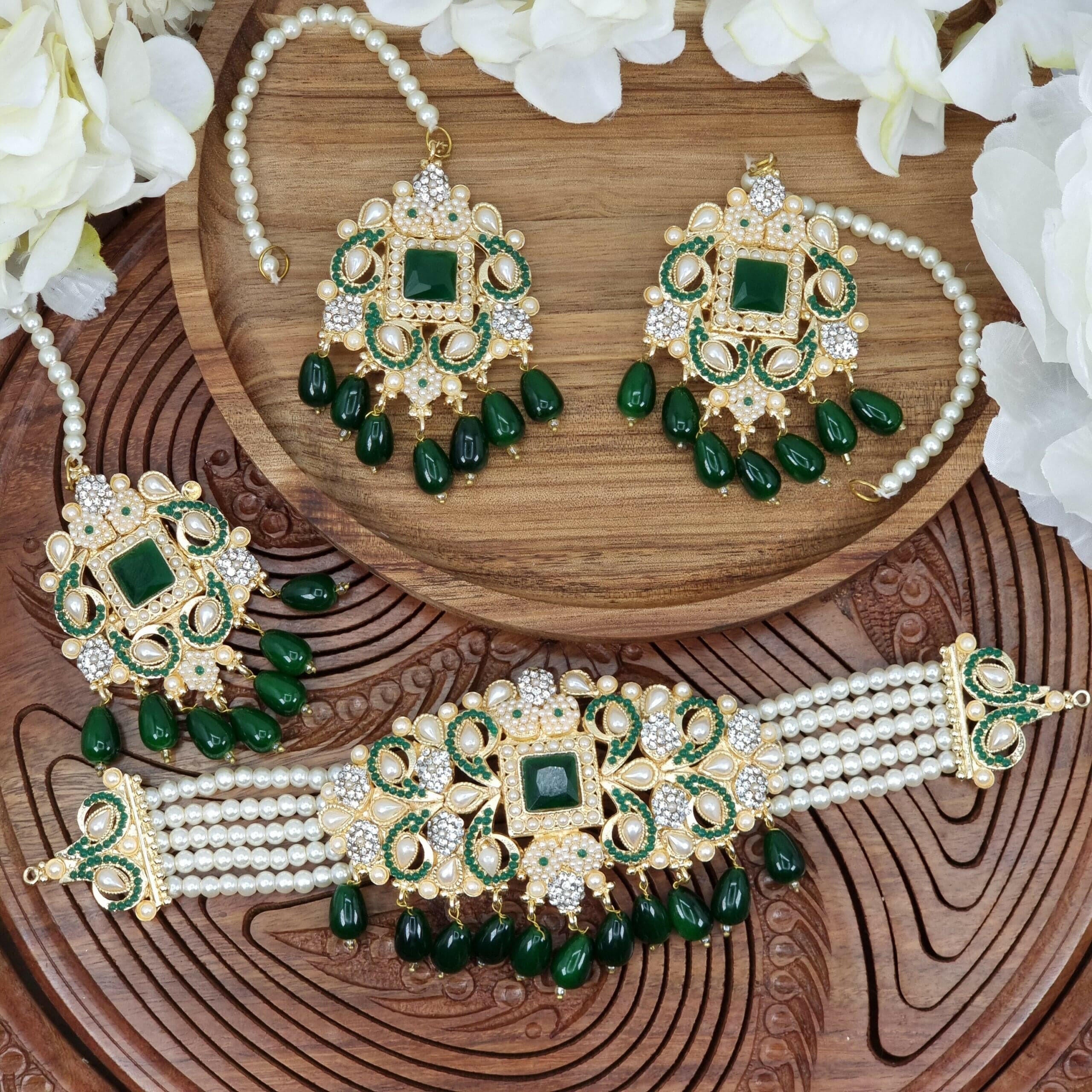 fancy fab Jewels choker necklace UZMA Pearl AD Choker Necklace Set Green