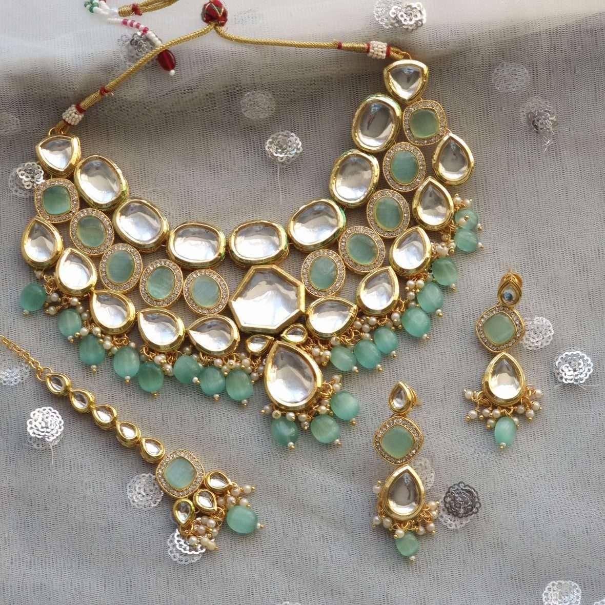 Rajni- Kundan Choker Set Mint Green - Fancy Fab Jewels