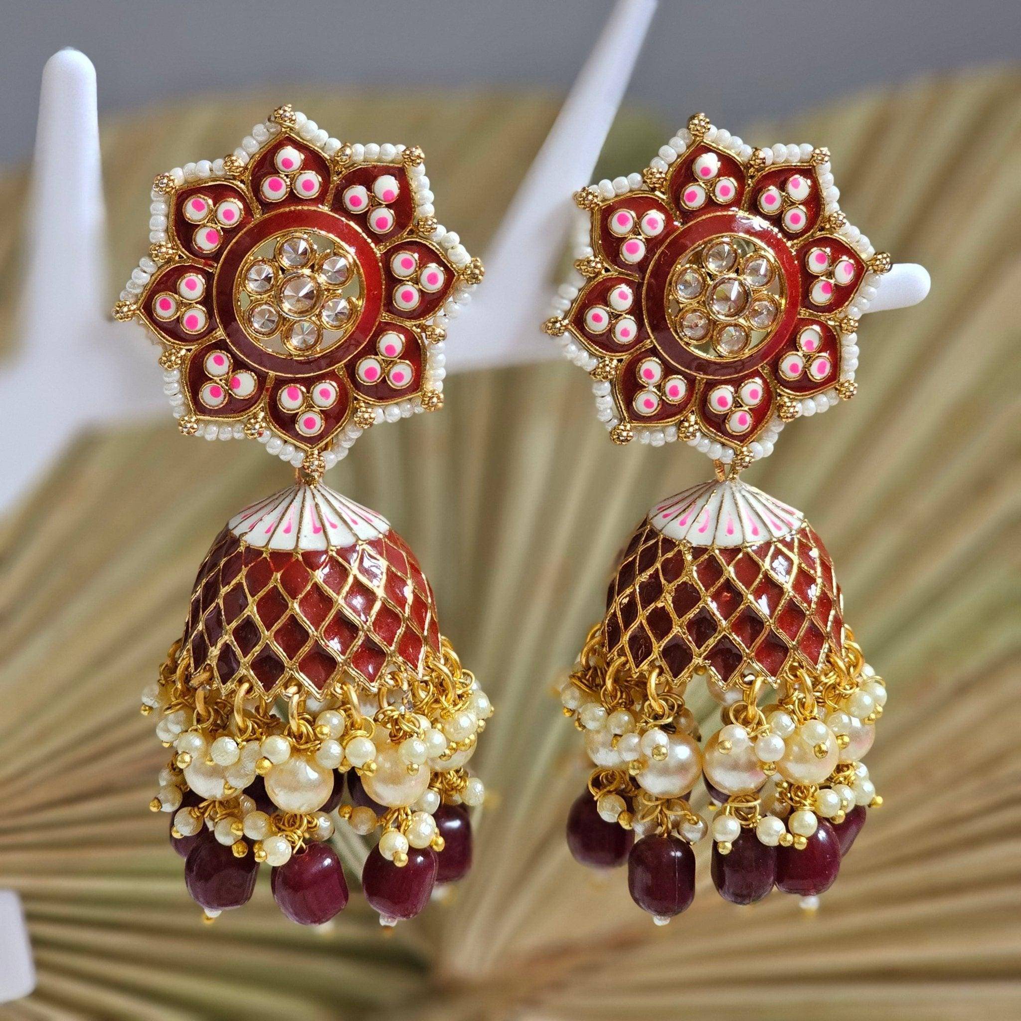 Polki Painted Statement Jhumka Earrings - Fancy Fab Jewels