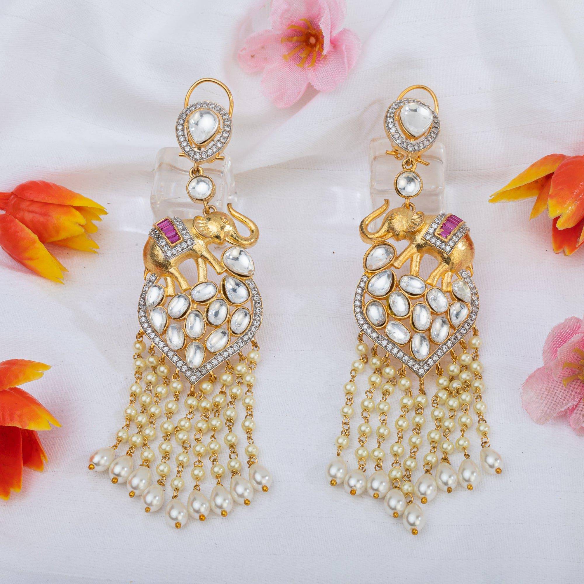 Devika Kundan Chain Drop Long Earrings - Fancy Fab Jewels