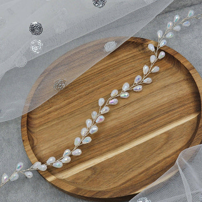 Crystal Beads and Pearls long Bridal Hairvine Hair Brooch Headpiece - Fancy Fab Jewels