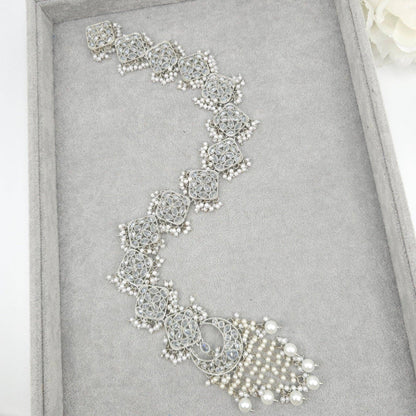 Huma - Silver Polki & Pearl Hair Plait Piece - Fancy Fab Jewels