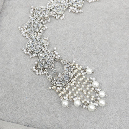 Huma - Silver Polki & Pearl Hair Plait Piece - Fancy Fab Jewels