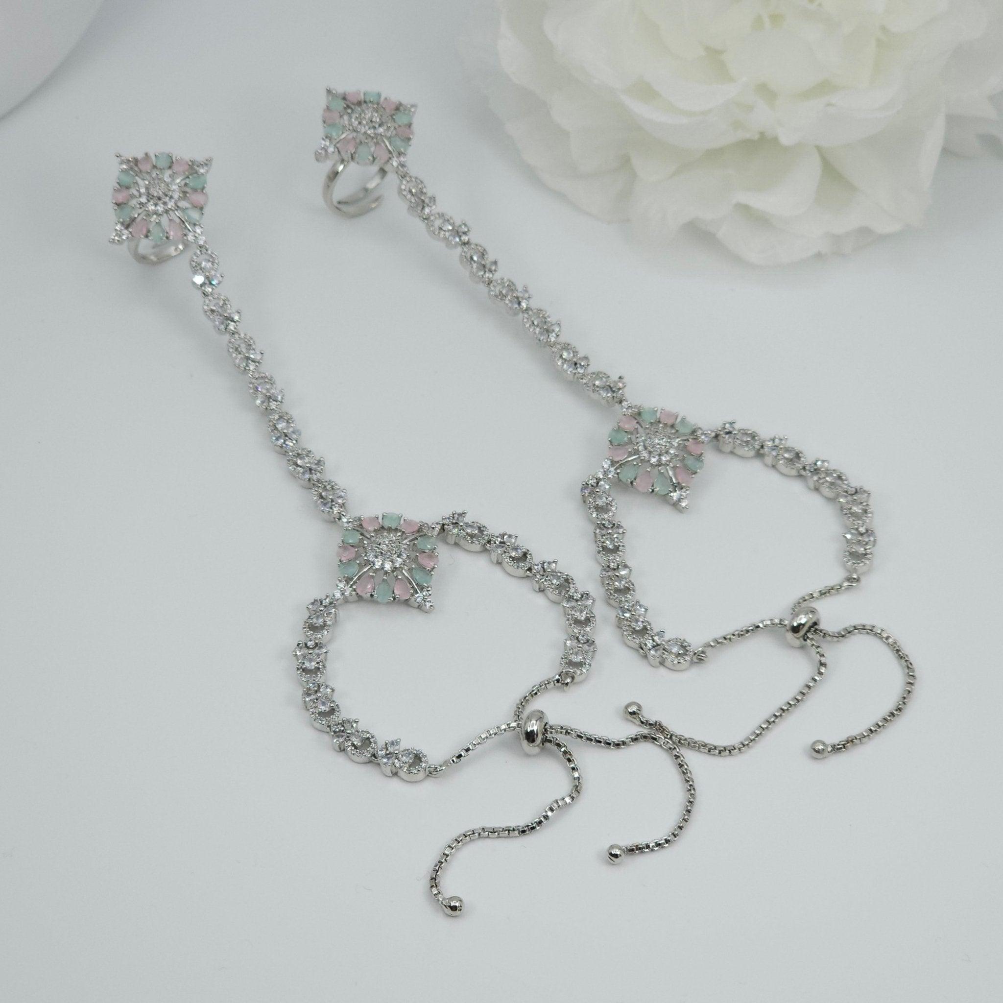 Alaya - Pair of Cubic Zirconia Hand Harness Hathphool - Fancy Fab Jewels