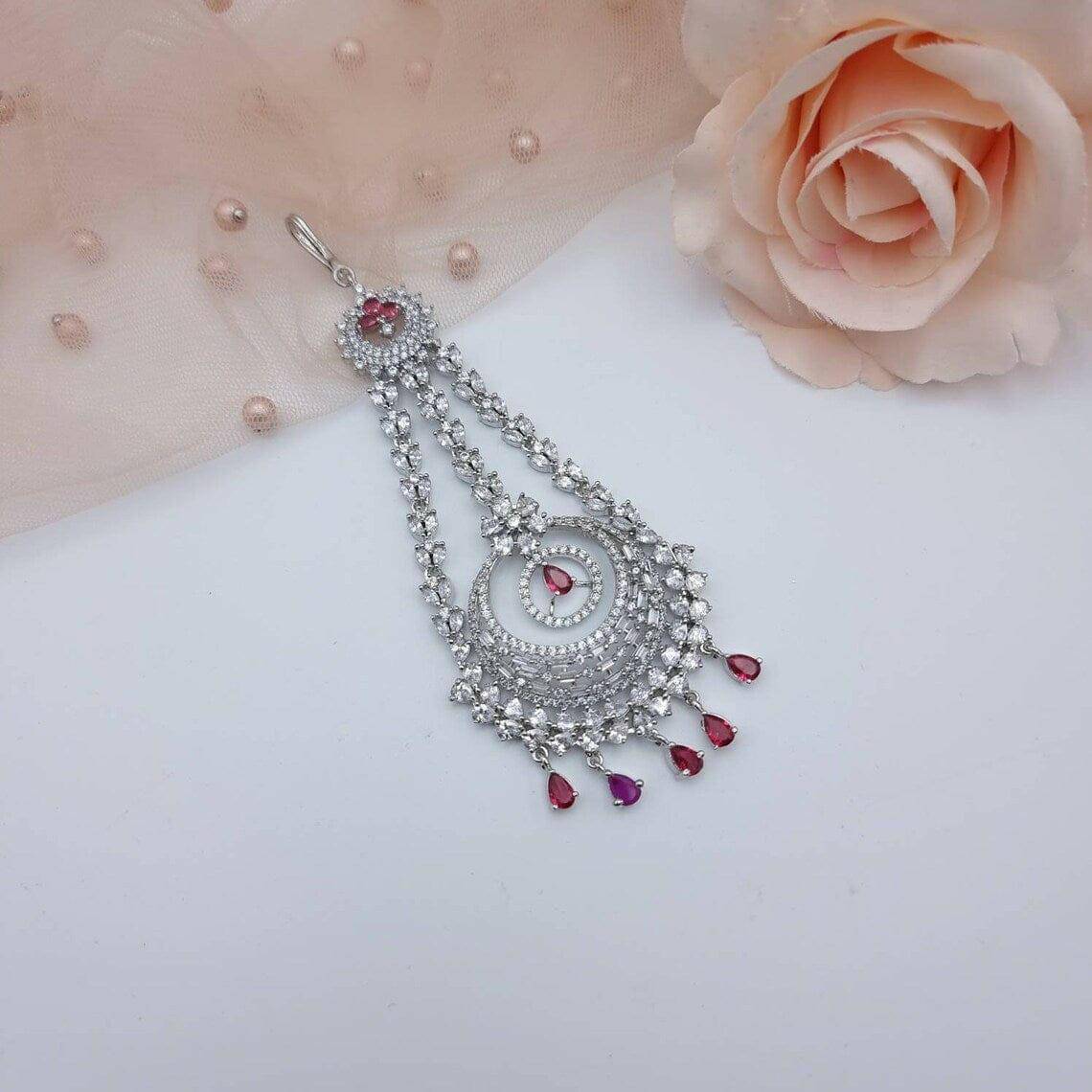 Silver AD Bridal Passa Jhoomar - Ruby - Fancy Fab Jewels