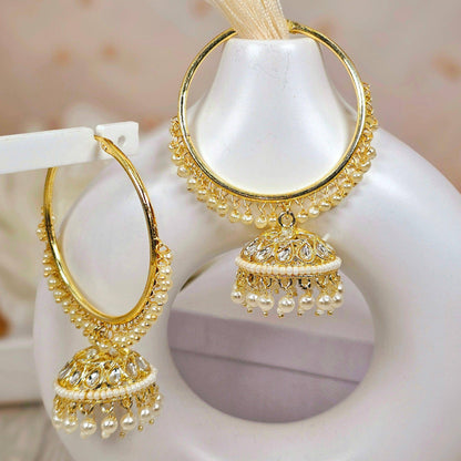 Jia - Stunning White Kundan Gold Plated Hoop Jhumka Earrings - Fancy Fab Jewels