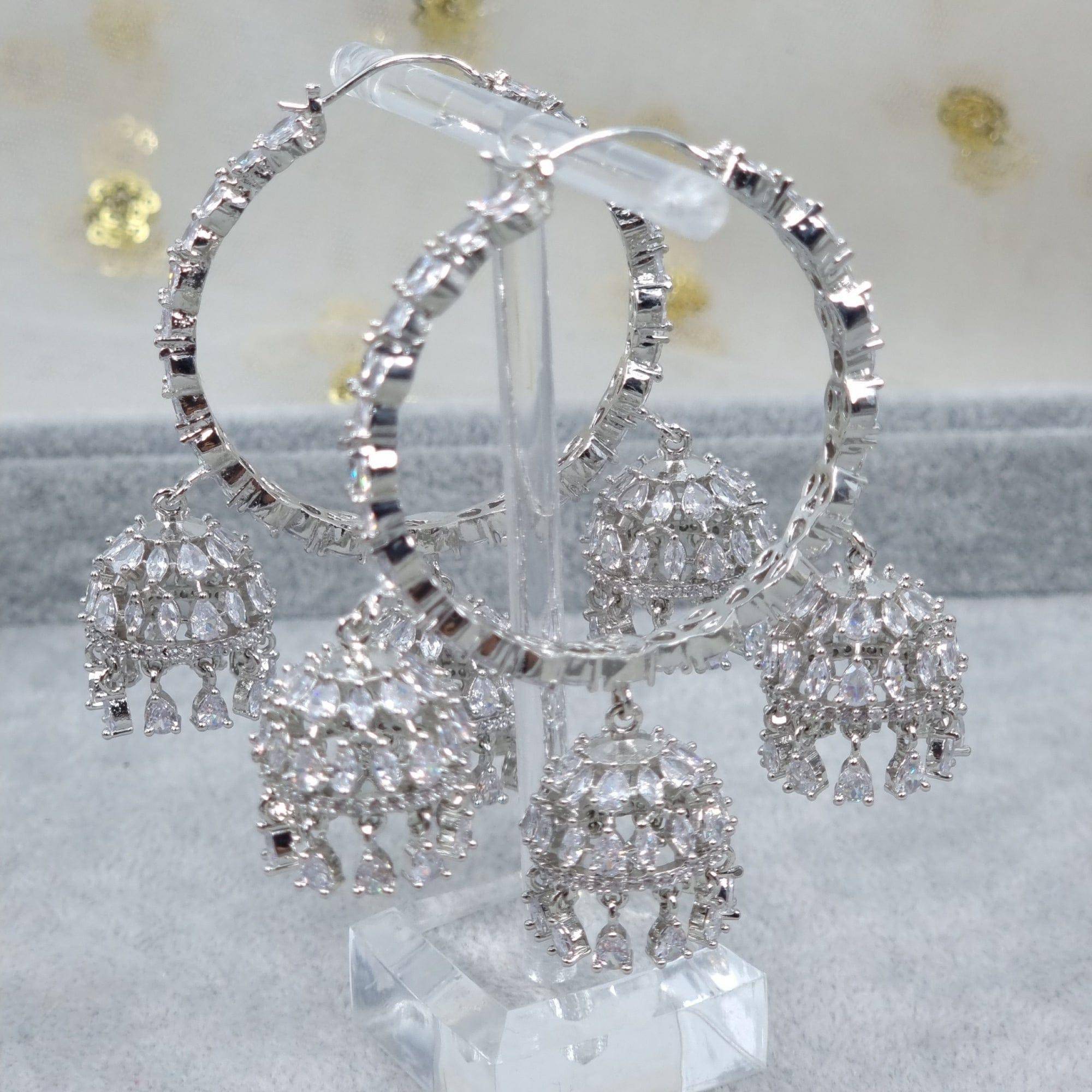 KANVAL Hoop triple drop AD Jhumki Earrings Silver - Fancy Fab Jewels