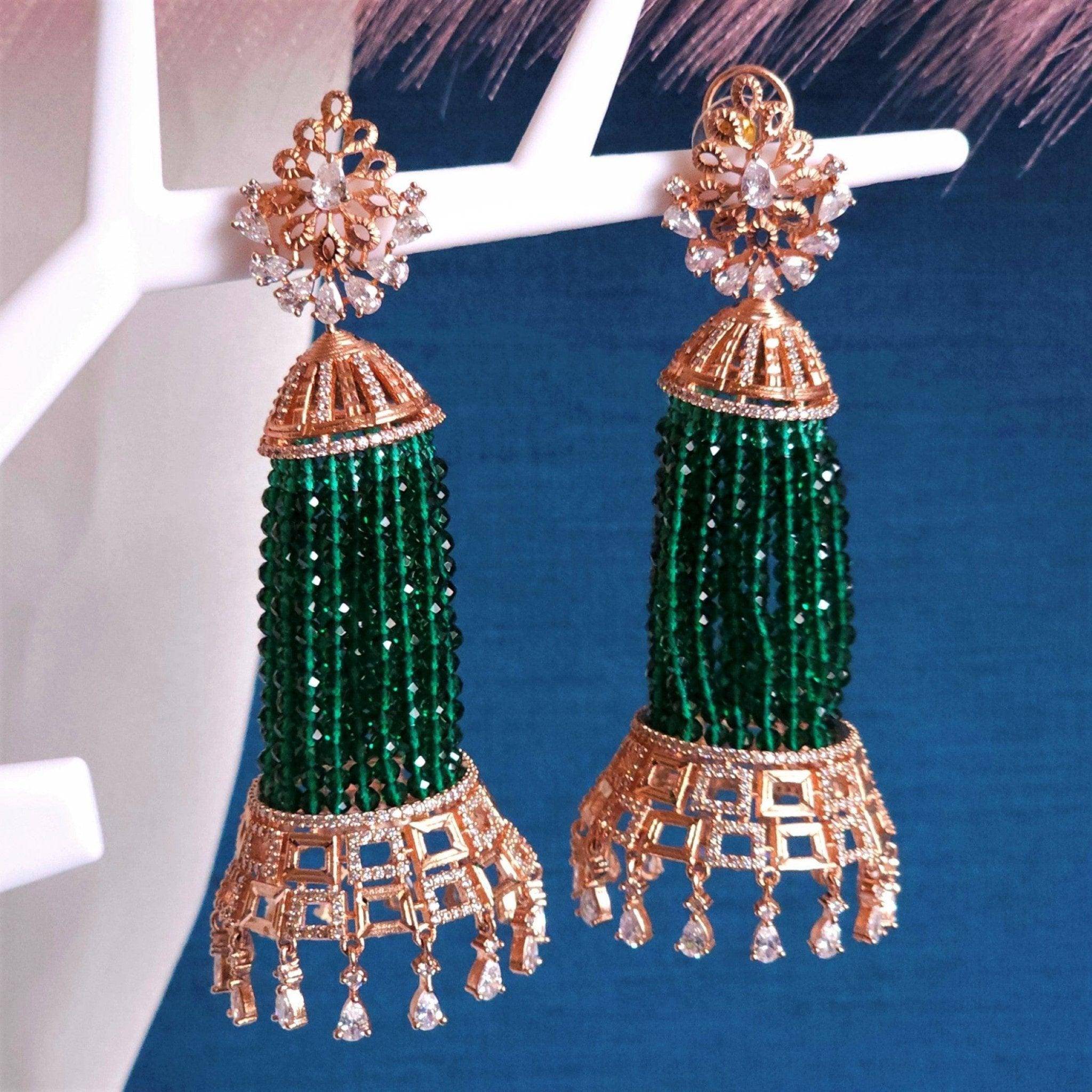 Munira Rose Gold AD Pearl Jhumka Earrings Green - Fancy Fab Jewels