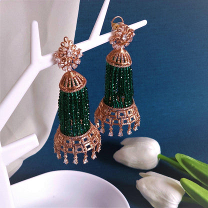 Munira Rose Gold AD Pearl Jhumka Earrings Green - Fancy Fab Jewels