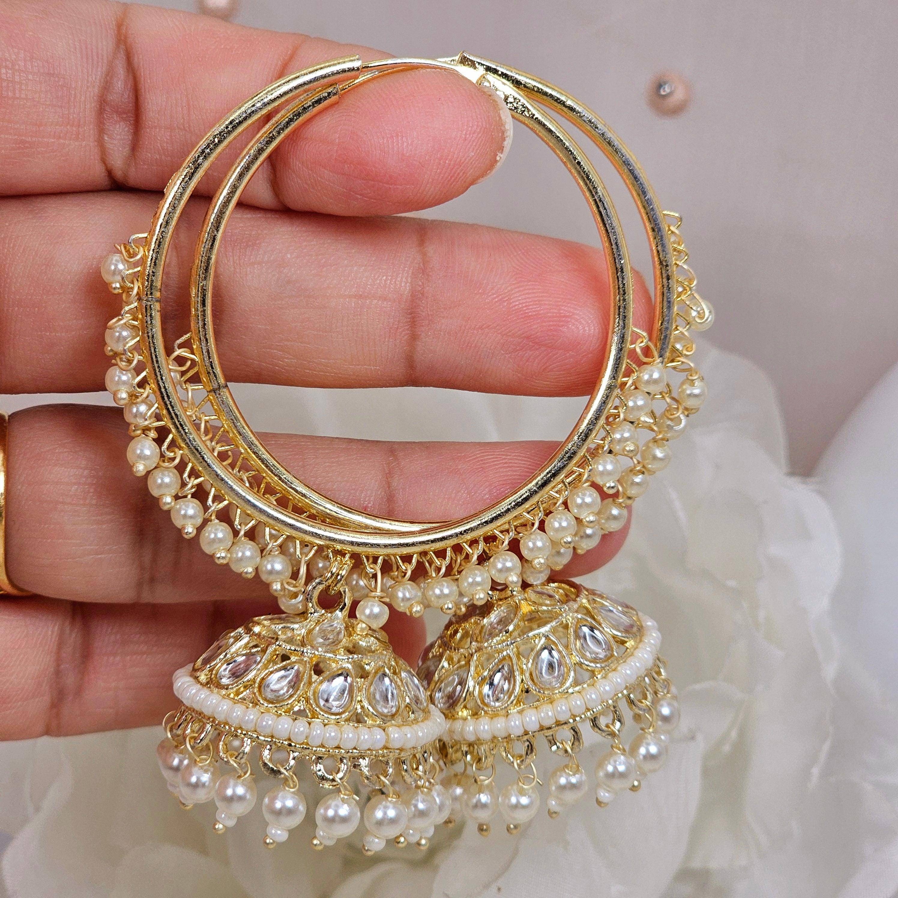 Raya - Stunning White Kundan Gold Plated Hoop Jhumka Earrings - Fancy Fab Jewels