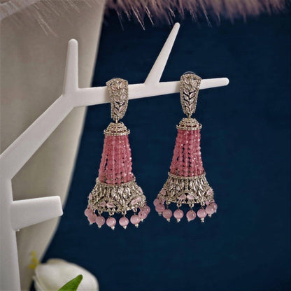 Rosa - Pink Silver AD and Pearl Jhumki Earrings - Fancy Fab Jewels