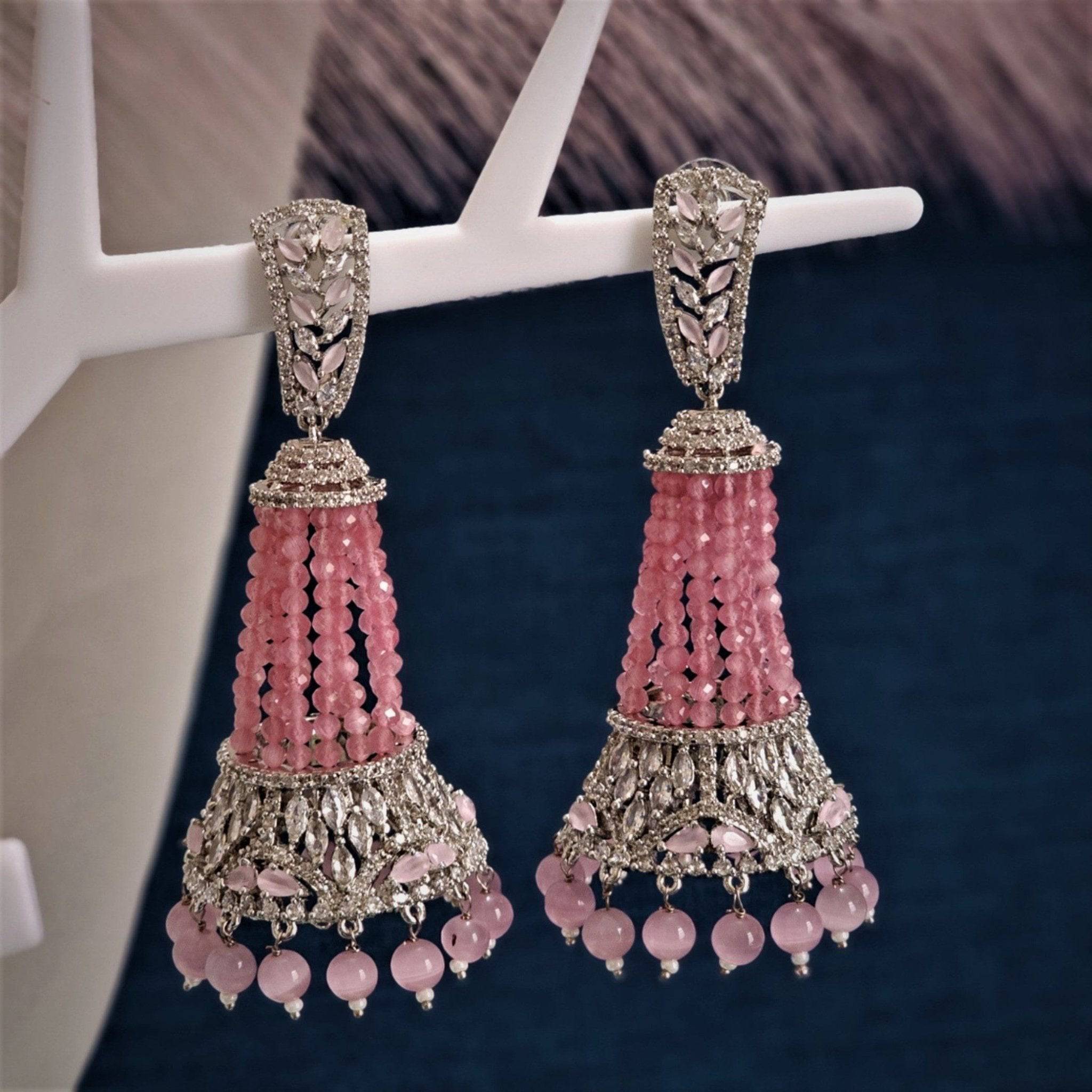 Rosa - Pink Silver AD and Pearl Jhumki Earrings - Fancy Fab Jewels