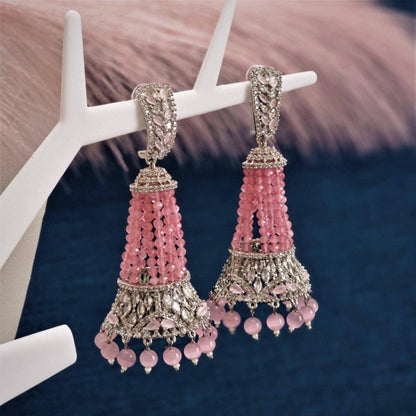 Rosa - Pink Silver AD and Pearl Jhumki Earrings - Fancy Fab Jewels