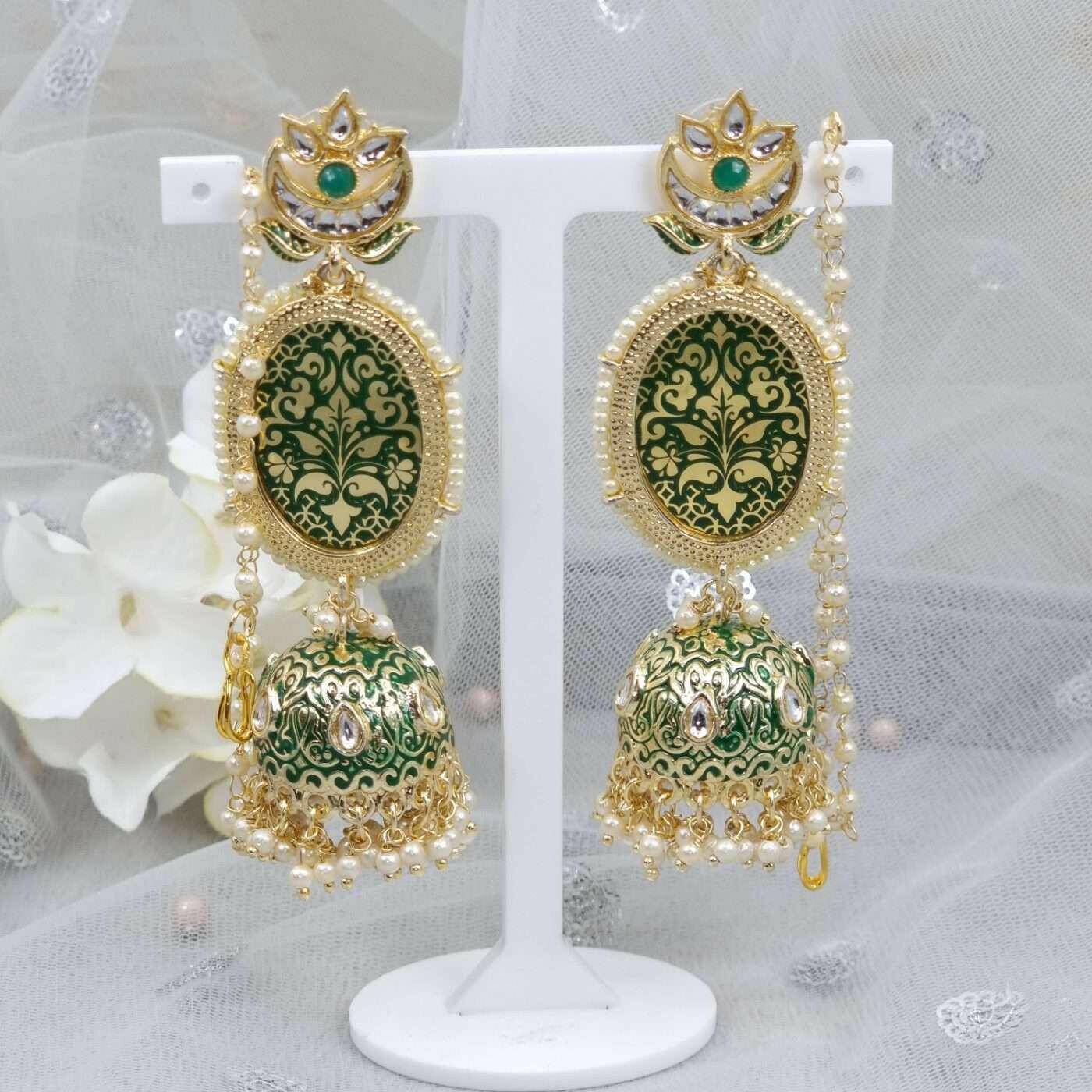 Sonia - Green Kundan Jhumki with Ear Chain - Fancy Fab Jewels