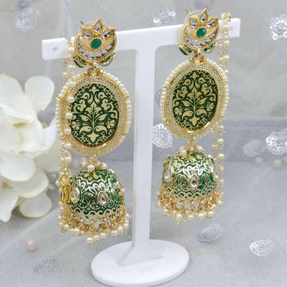 Sonia - Green Kundan Jhumki with Ear Chain - Fancy Fab Jewels