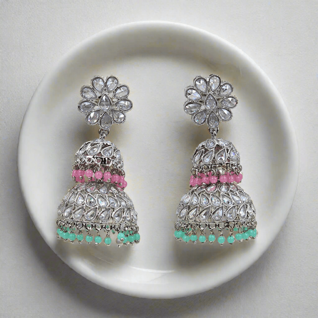 Maira Stunning Silver-Plated Polki Jhumka Earrings with colourfull Accents - Fancy Fab Jewels