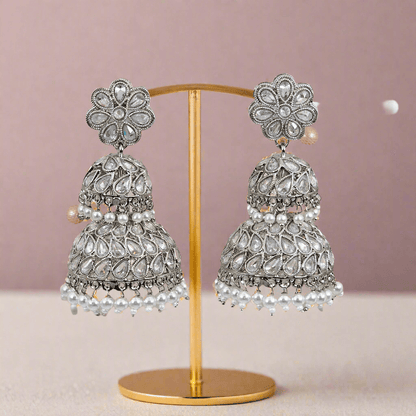 Maira Stunning Silver-Plated Polki Jhumka Earrings with colourfull Accents - Fancy Fab Jewels