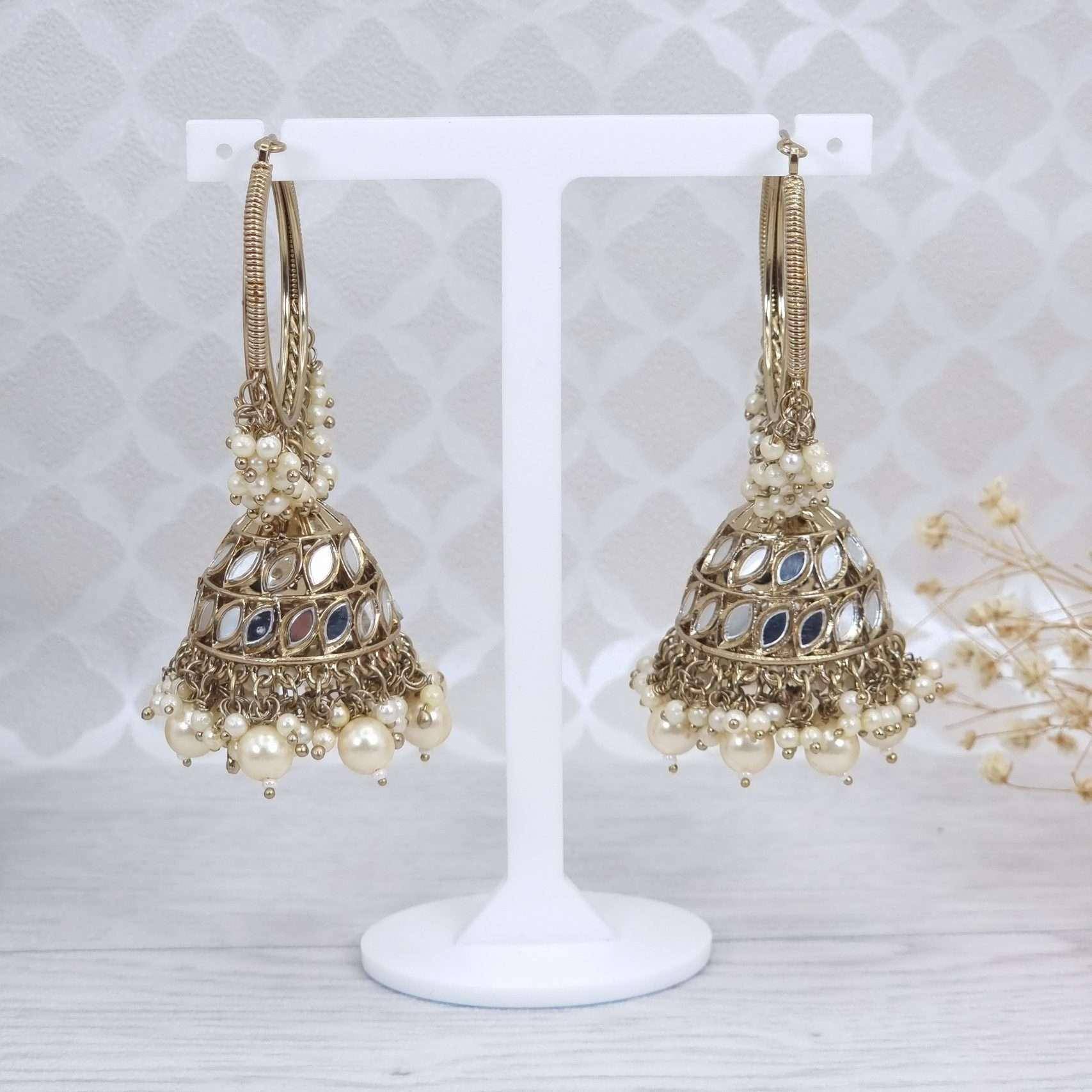 Ira- Antique Gold Mirrored Statement Jhumki Earrings - Fancy Fab Jewels