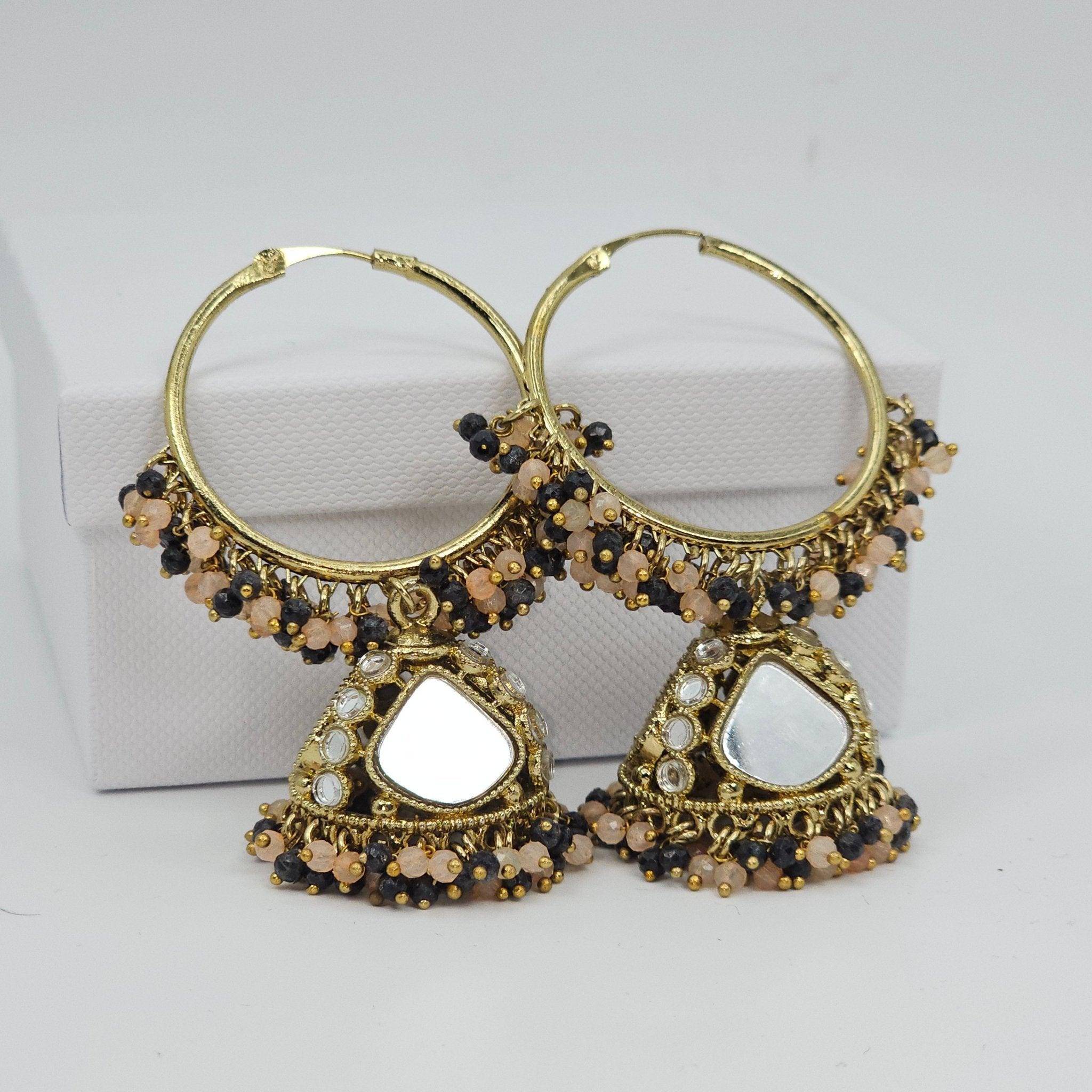 Husna: Antique Gold Mirrored Hoop Jhumki Bali Earrings - Elevate Your Style - Fancy Fab Jewels