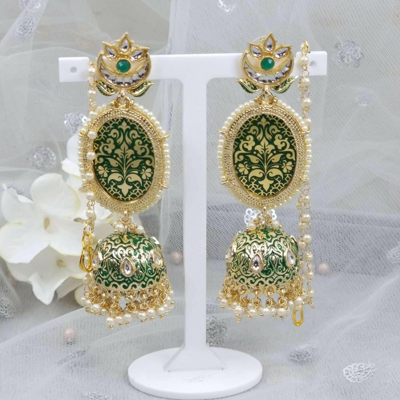 fancy fab Jewels Jhumki Sonia - Green Kundan Jhumki with Ear Chain