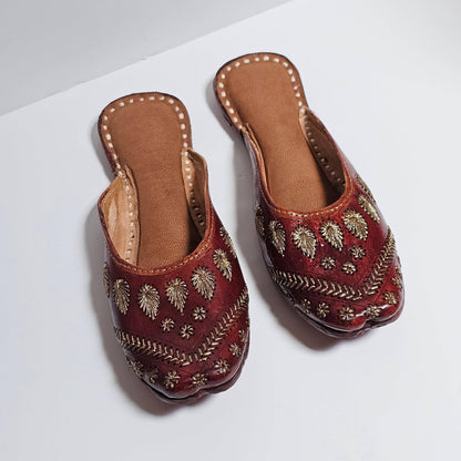 Women's Handmade Embroidered Brown Leather Punjabi Juttis - Fancy Fab Jewels