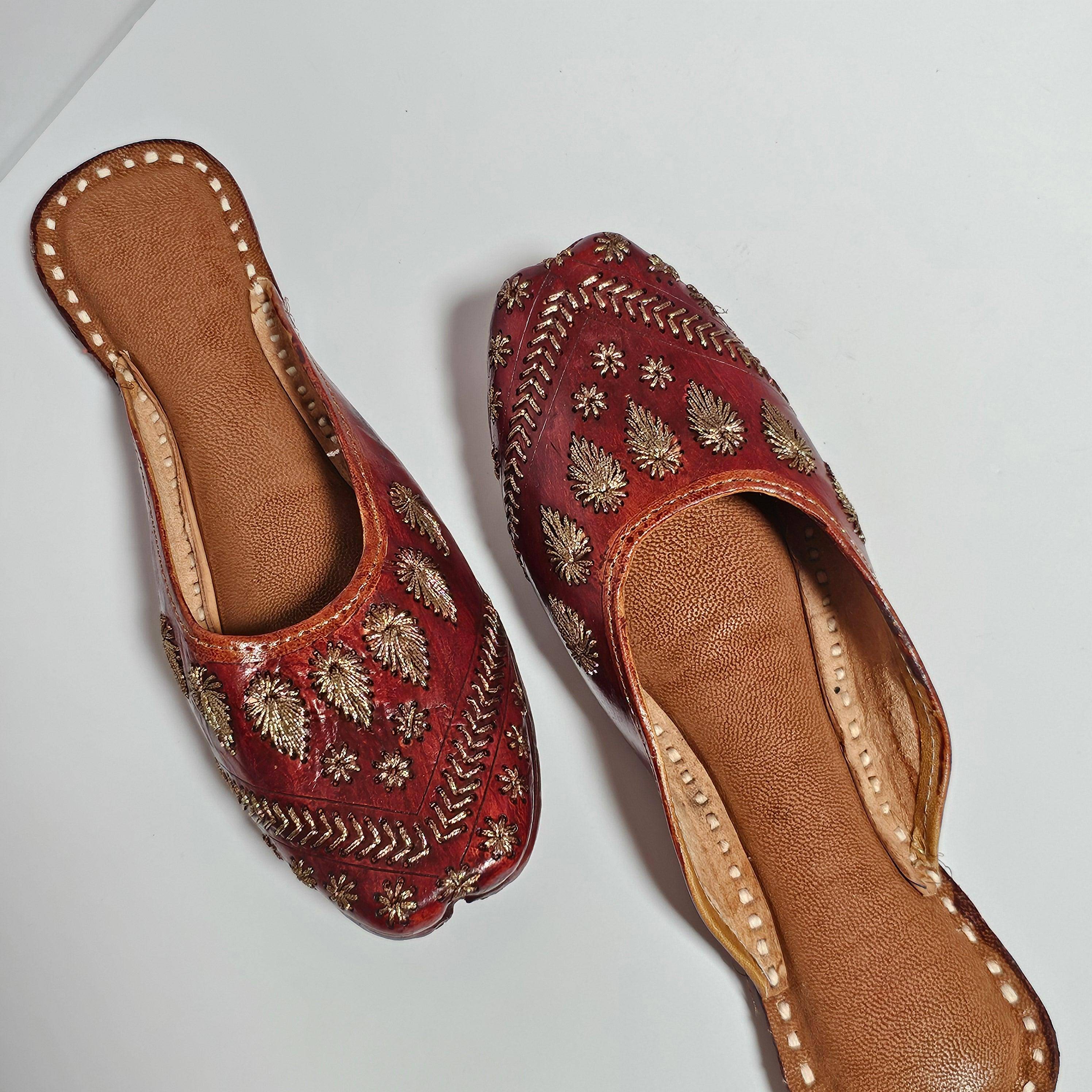 Women's Handmade Embroidered Brown Leather Punjabi Juttis - Fancy Fab Jewels