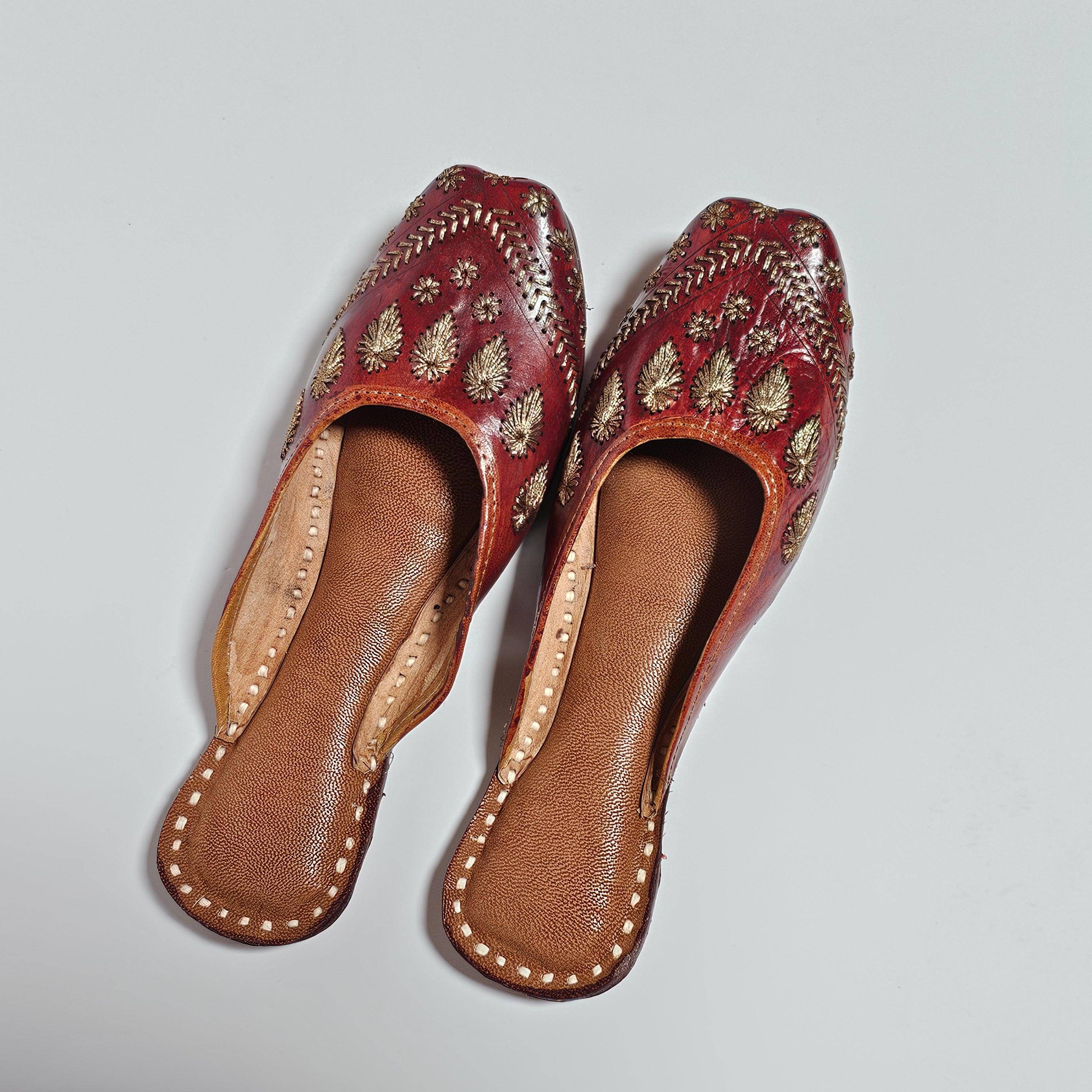 Women's Handmade Embroidered Brown Leather Punjabi Juttis - Fancy Fab Jewels