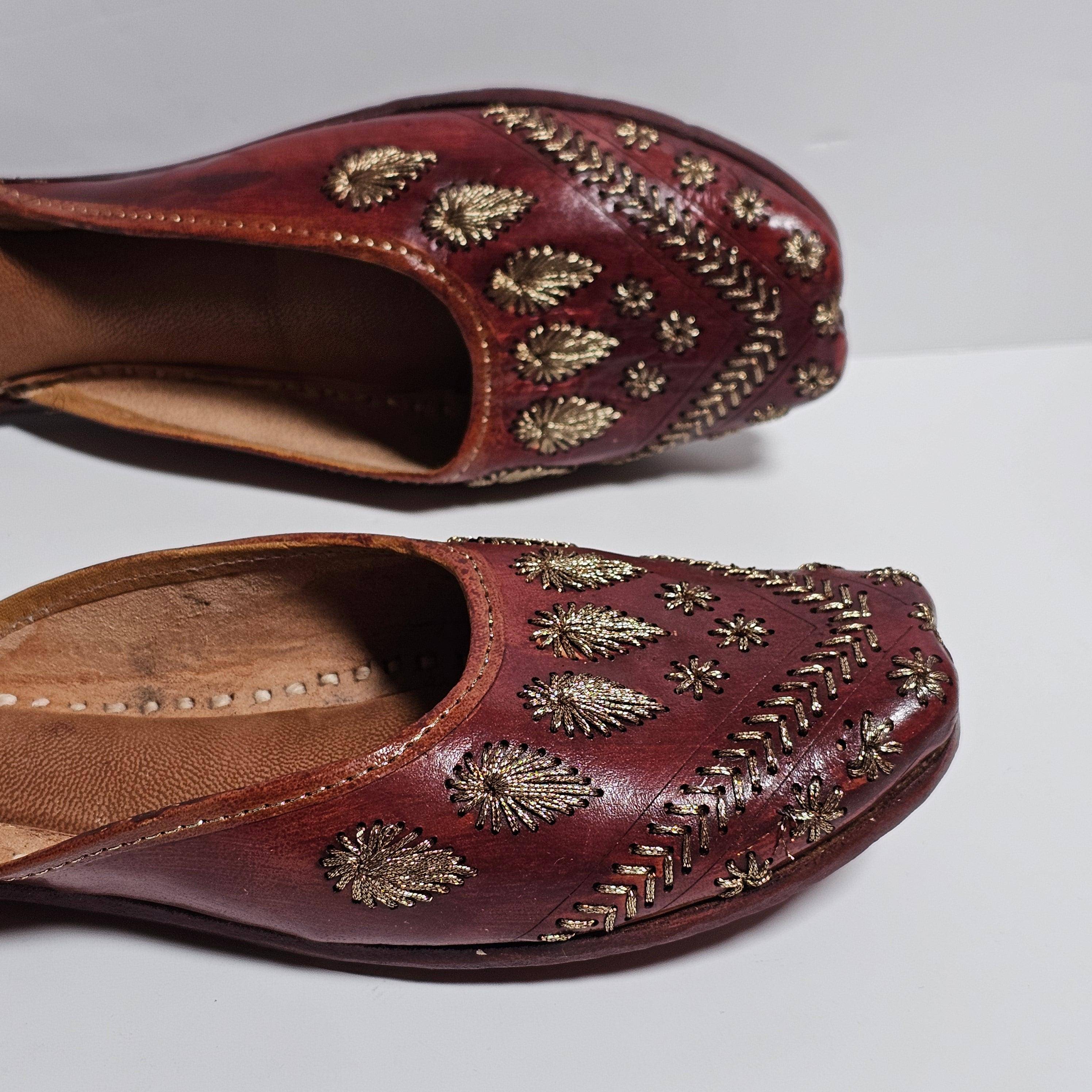 Women's Handmade Embroidered Brown Leather Punjabi Juttis - Fancy Fab Jewels