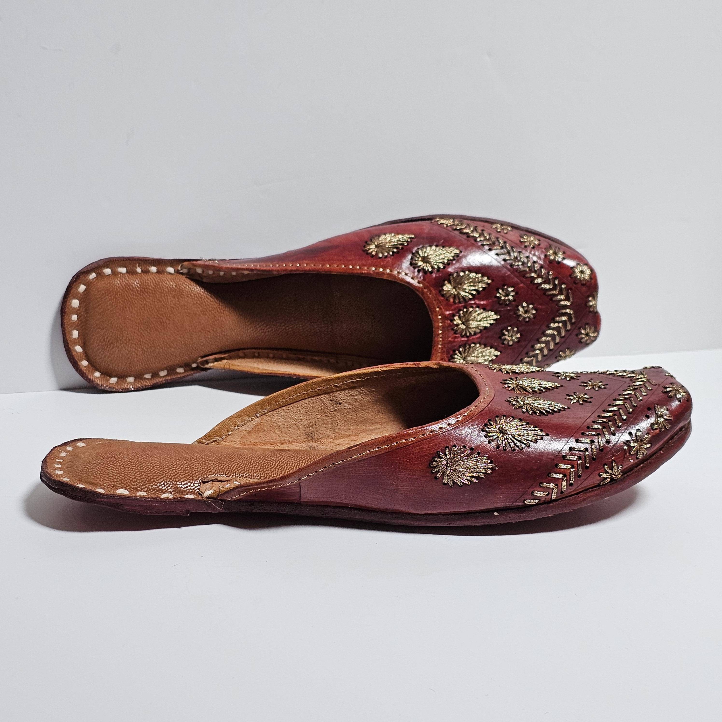 Women's Handmade Embroidered Brown Leather Punjabi Juttis - Fancy Fab Jewels